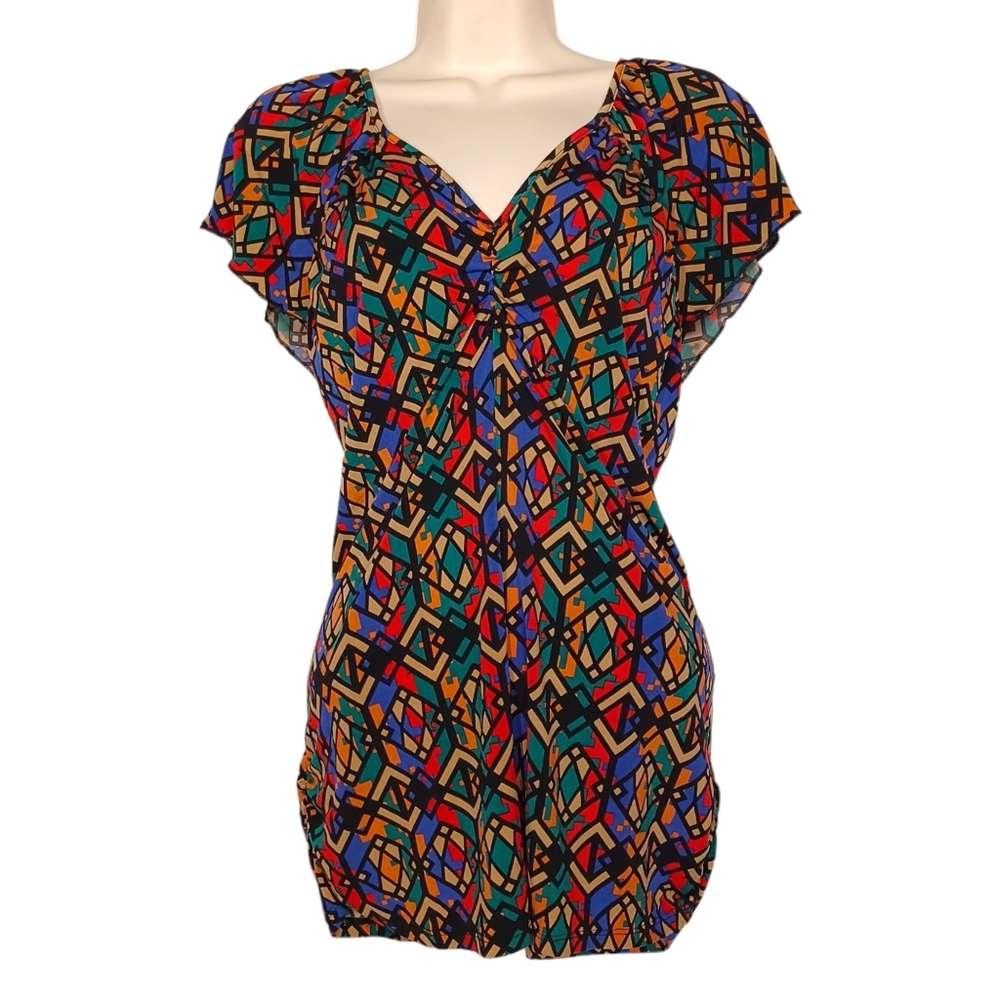 MISS TINA BY TINA KNOWLES Colorful Geometric Print Ruching Black Top Medium
